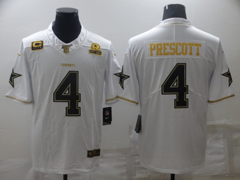 Cheap 2021 Men Dallas cowboys 4 Prescott White Retro gold character Nike NFL throwback jerseys
